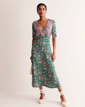 Boden Pink Green Paisley Boho Cottage Rebecca Jersey Midi Tea Dress-Size 4R